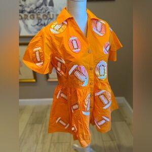 New! Rare, QUEEN OF SPARKLES Orange Iridescent Football Romper